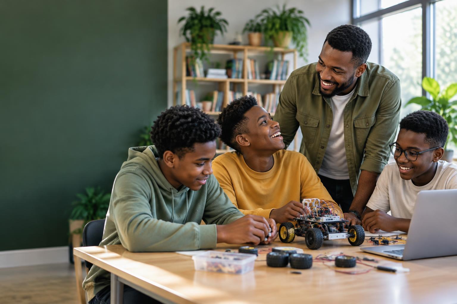 Illustrative vision of Black middle-school boys exploring robotics with a caring mentor